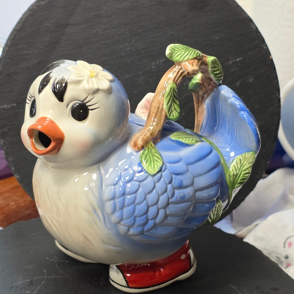Vintage Style Bluebird Ceramic Teapot with Red‎ Sneakers and Branch Handle 7in